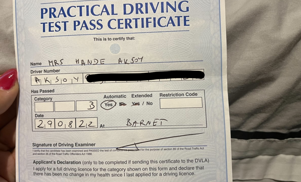driving practical driving test certificate